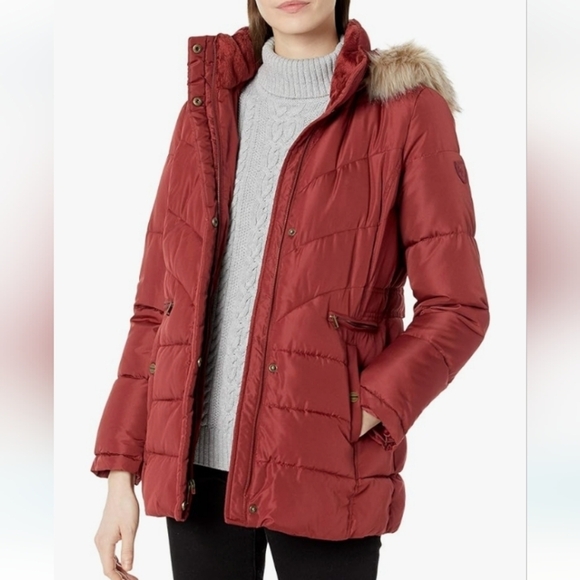 Larry Levine puffer jacket fur trim hood pockets quilted chevron rust red L - Picture 1 of 13